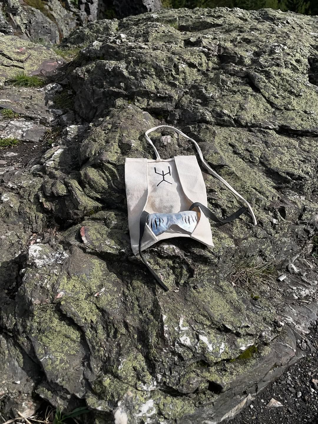 URSUUNA cotton wrap case with bone cut silver goggles on stone